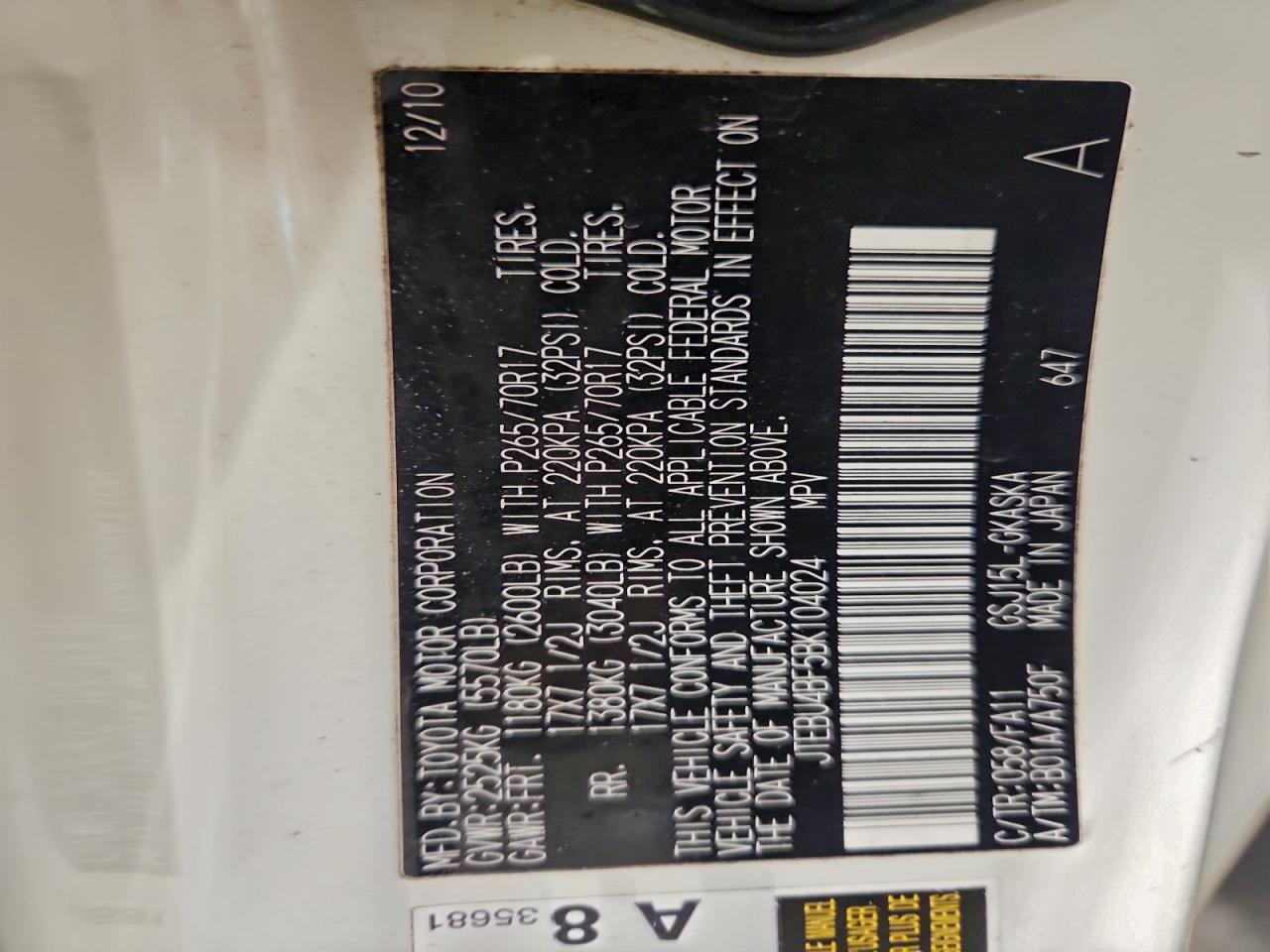 2011 Toyota Fj Cruiser VIN: JTEBU4BF5BK104024 Lot: 93251205