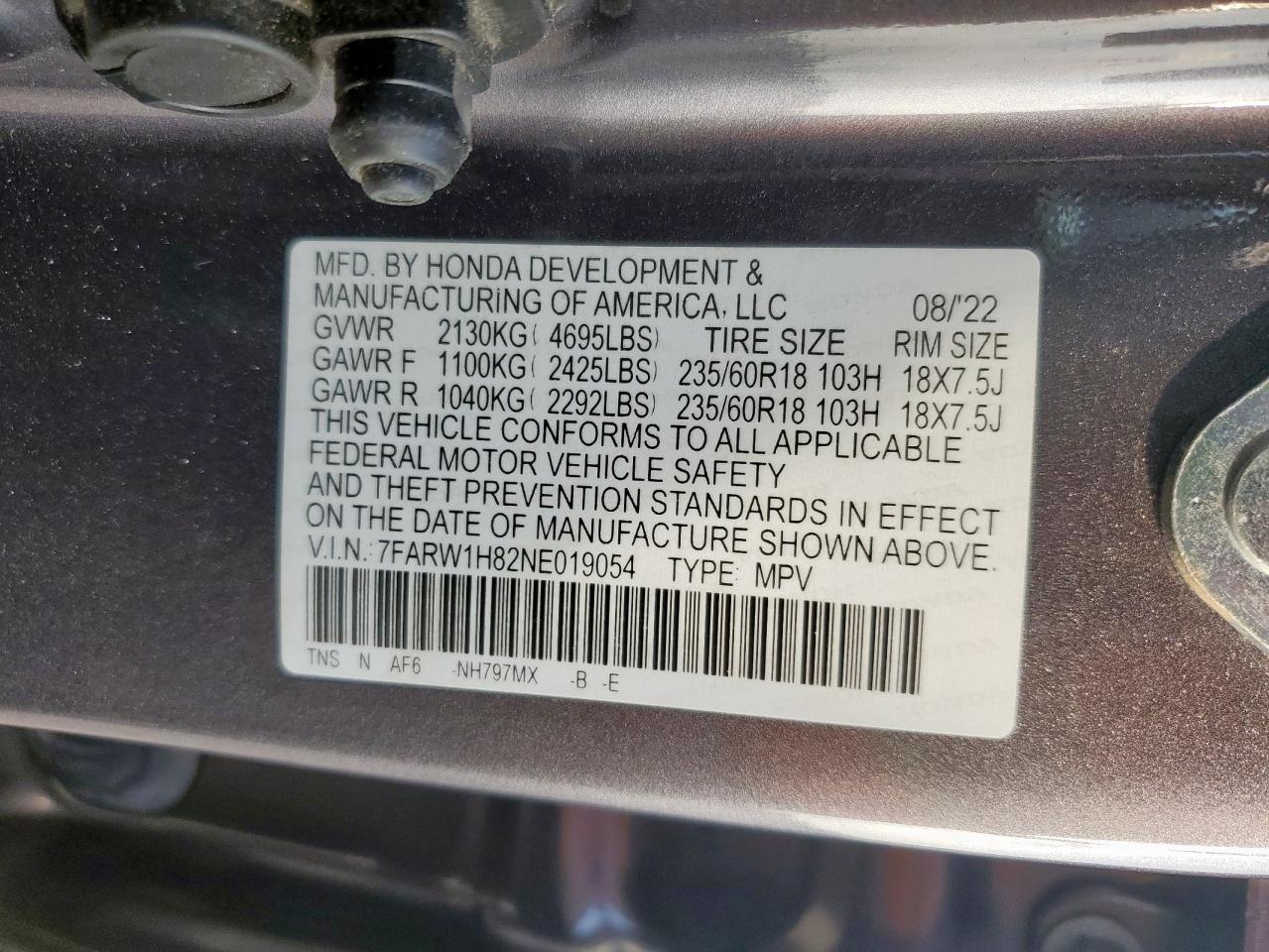 2022 Honda Cr-V Exl VIN: 7FARW1H82NE019054 Lot: 93340035