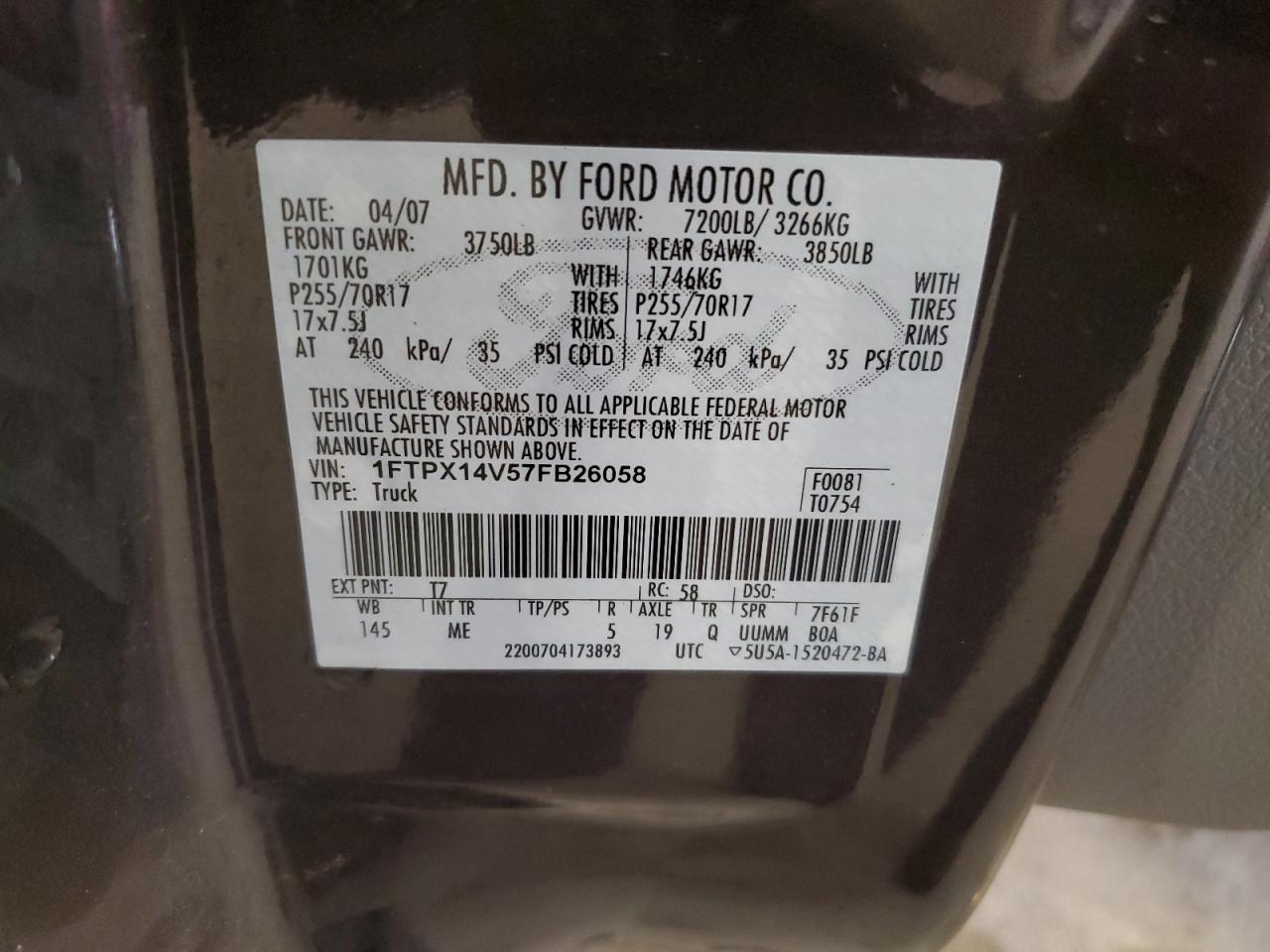 2007 Ford F150 VIN: 1FTPX14V57FB26058 Lot: 92889575