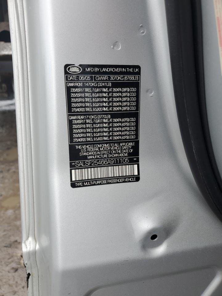 2006 Land Rover Range Rover Sport Hse VIN: SALSF25466A911105 Lot: 91886845