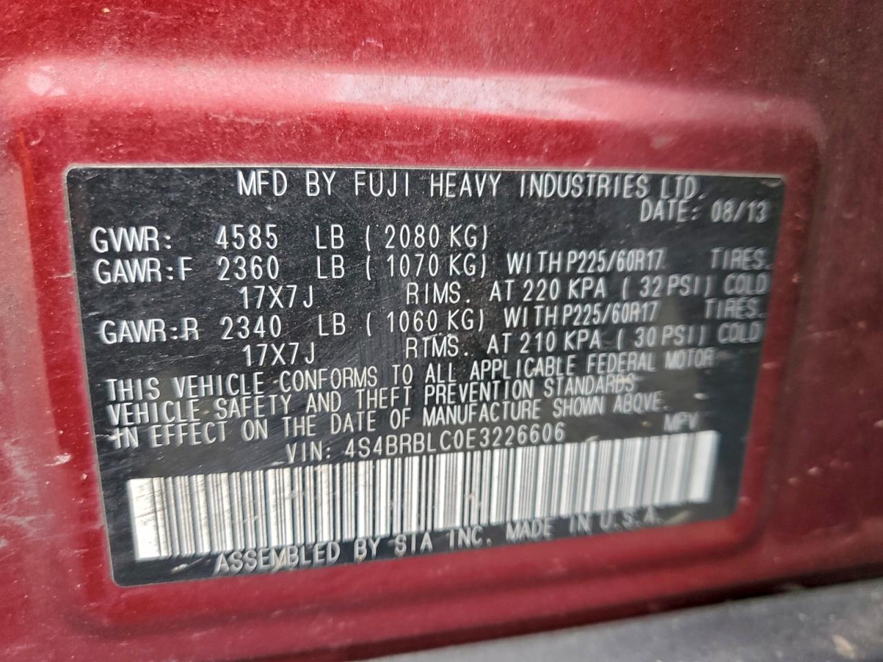 2014 Subaru Outback 2.5I Limited VIN: 4S4BRBLC0E3226606 Lot: 94289265