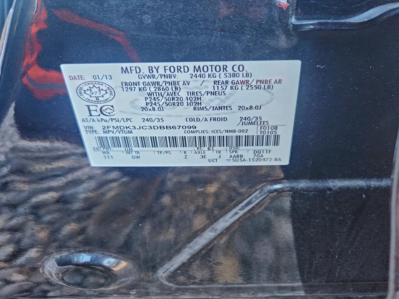 2013 Ford Edge Sel VIN: 2FMDK3JC3DBB67099 Lot: 92639095