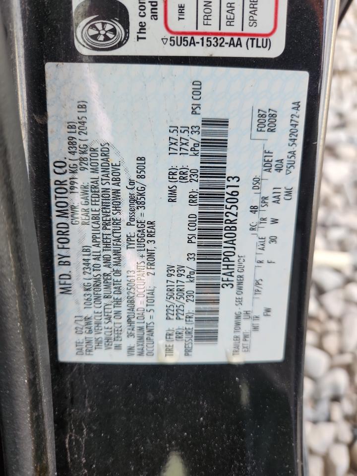 2011 Ford Fusion Sel VIN: 3FAHP0JA0BR250613 Lot: 91259085