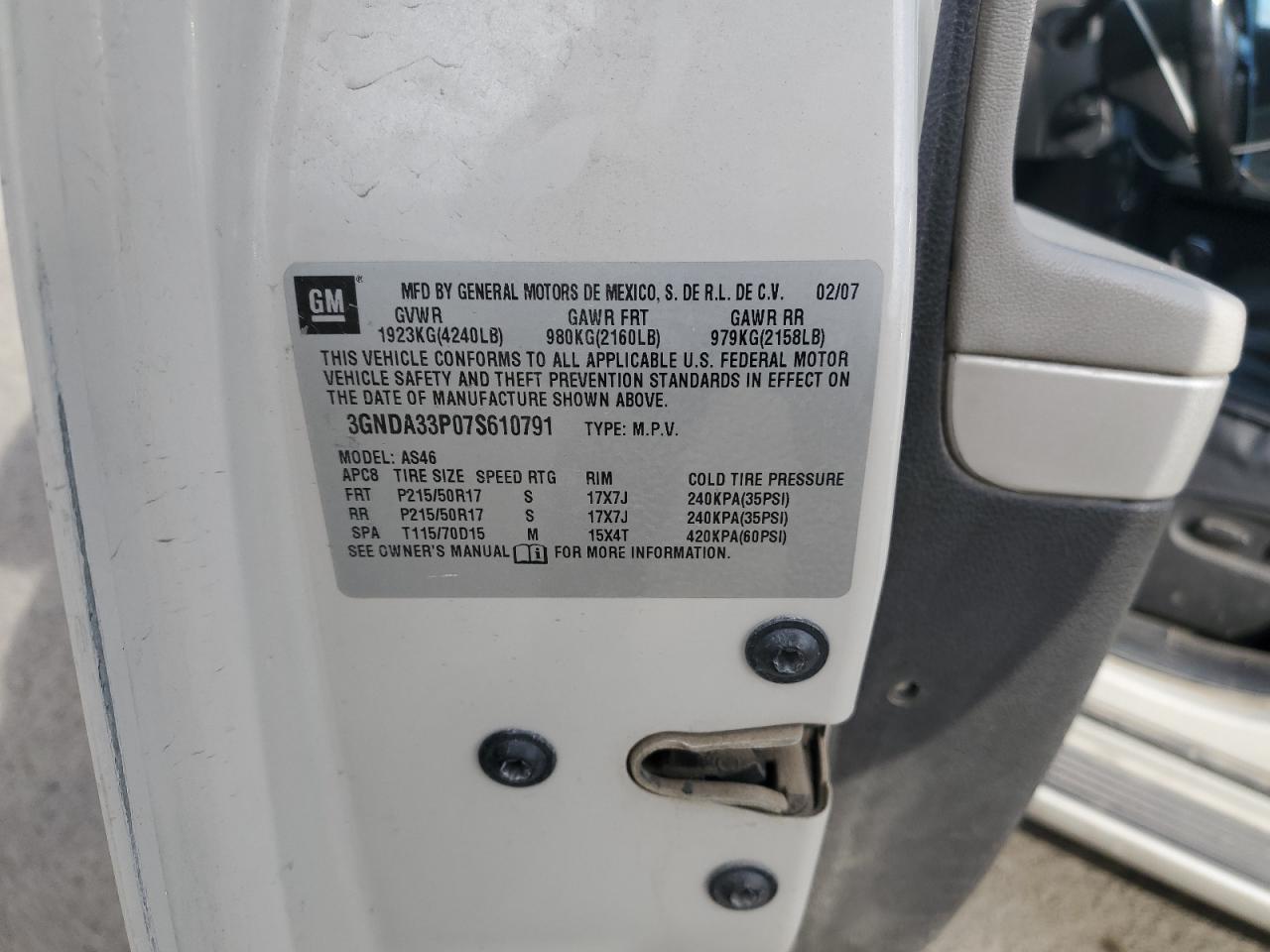 2007 Chevrolet Hhr Lt VIN: 3GNDA33P07S610791 Lot: 93844125