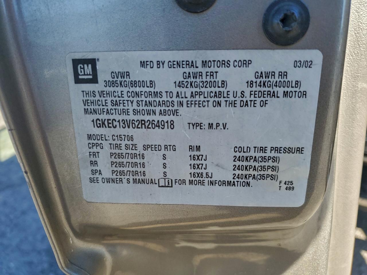 2002 GMC Yukon VIN: 1GKEC13V62R264918 Lot: 94303595