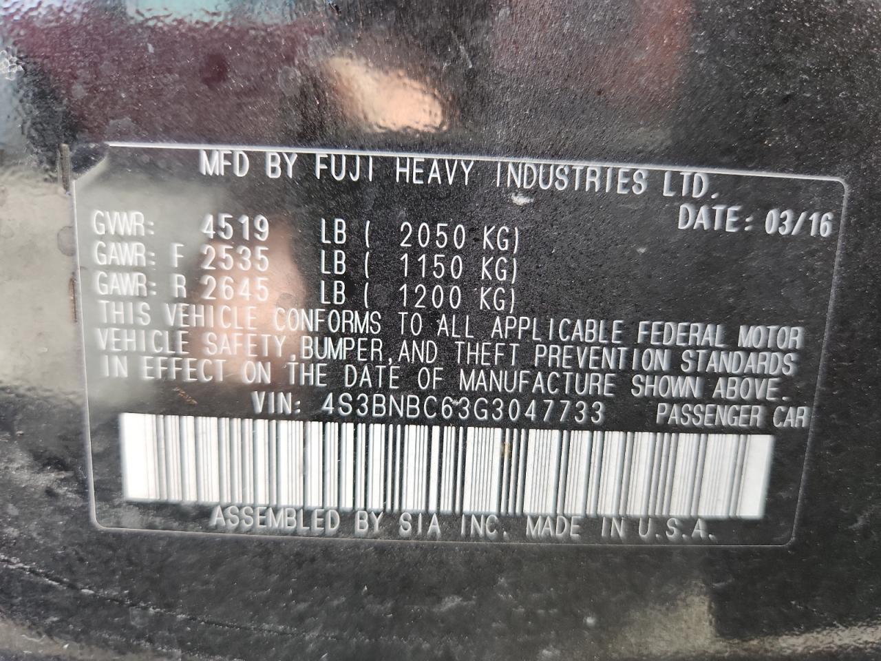 2016 Subaru Legacy 2.5I Premium VIN: 4S3BNBC63G3047733 Lot: 93305805