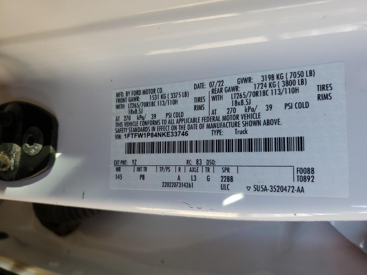 2022 Ford F150 Police Responder VIN: 1FTFW1P84NKE33746 Lot: 91518025