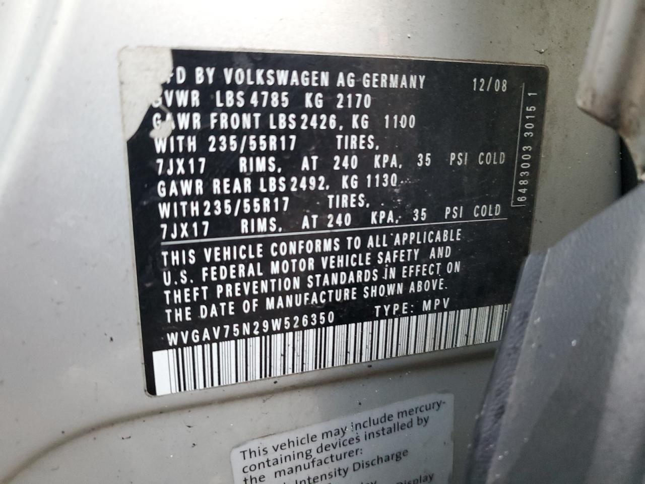 2009 Volkswagen Tiguan S VIN: WVGAV75N29W526350 Lot: 92901105