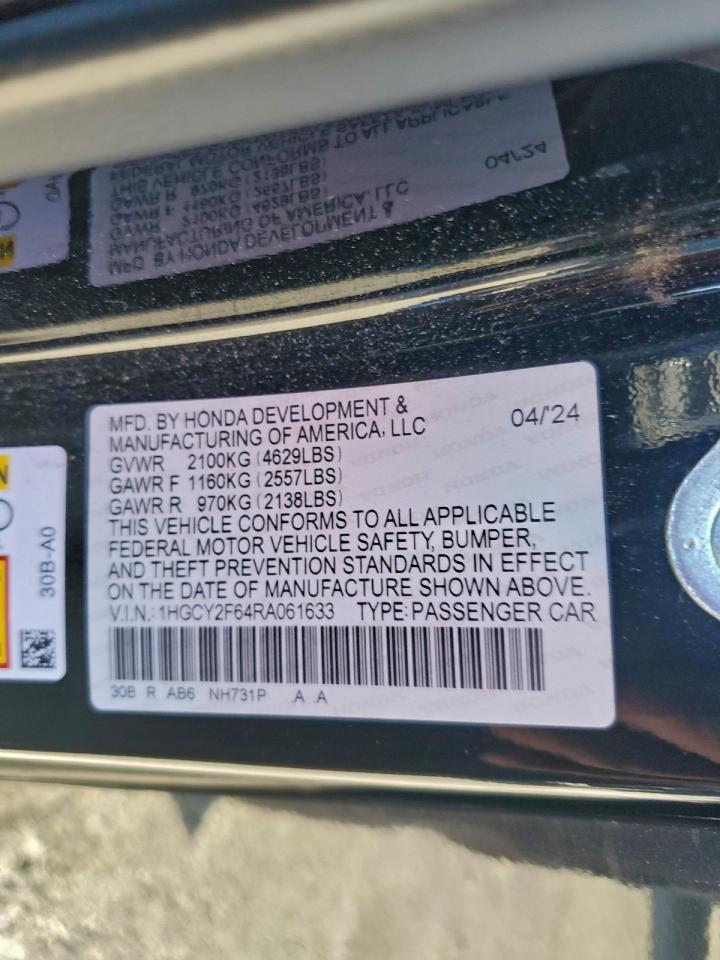 2024 Honda Accord Hybrid Exl VIN: 1HGCY2F64RA061633 Lot: 94103675