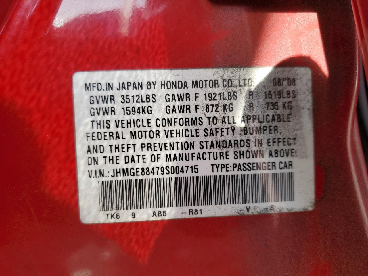 2009 Honda Fit Sport VIN: JHMGE88479S004715 Lot: 91626925