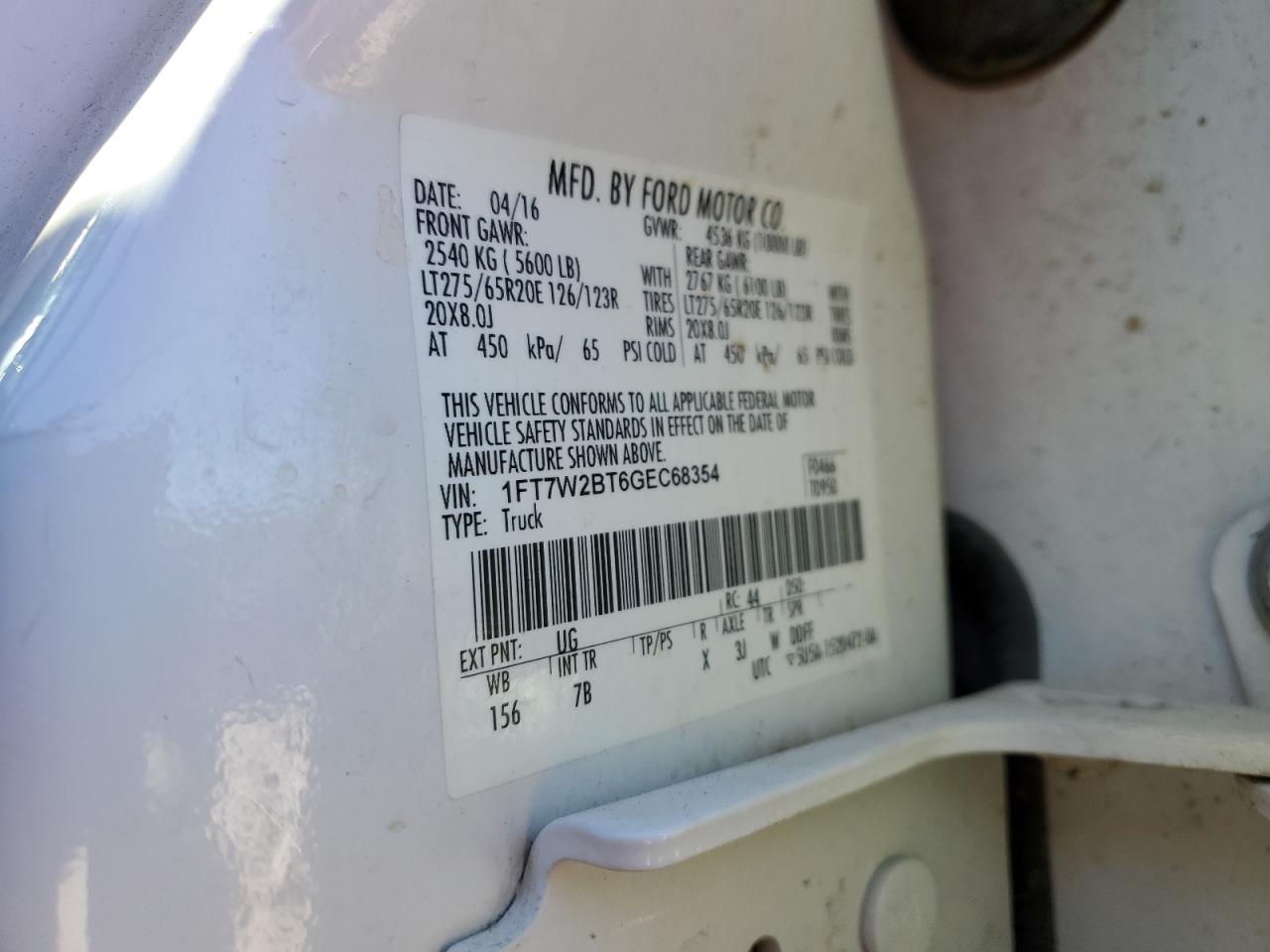 2016 Ford F250 Super Duty VIN: 1FT7W2BT6GEC68354 Lot: 91611005