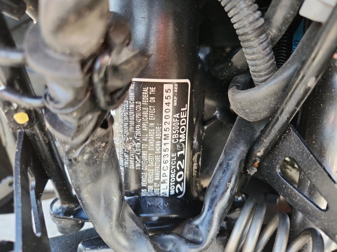 2021 Honda Cb500 Fa VIN: MLHPC6351M5200455 Lot: 92119885