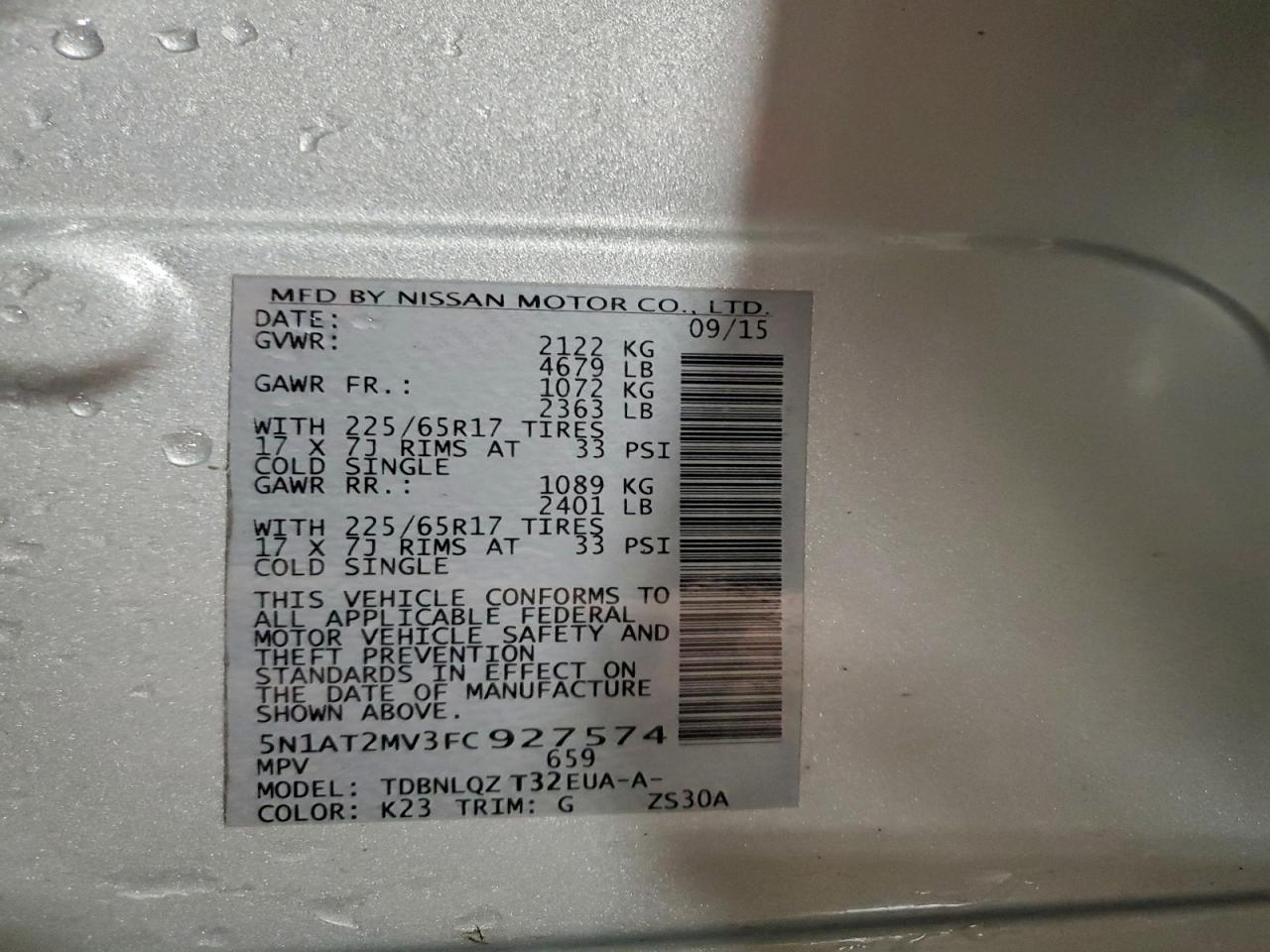 2015 Nissan Rogue S VIN: 5N1AT2MV3FC927574 Lot: 94300505