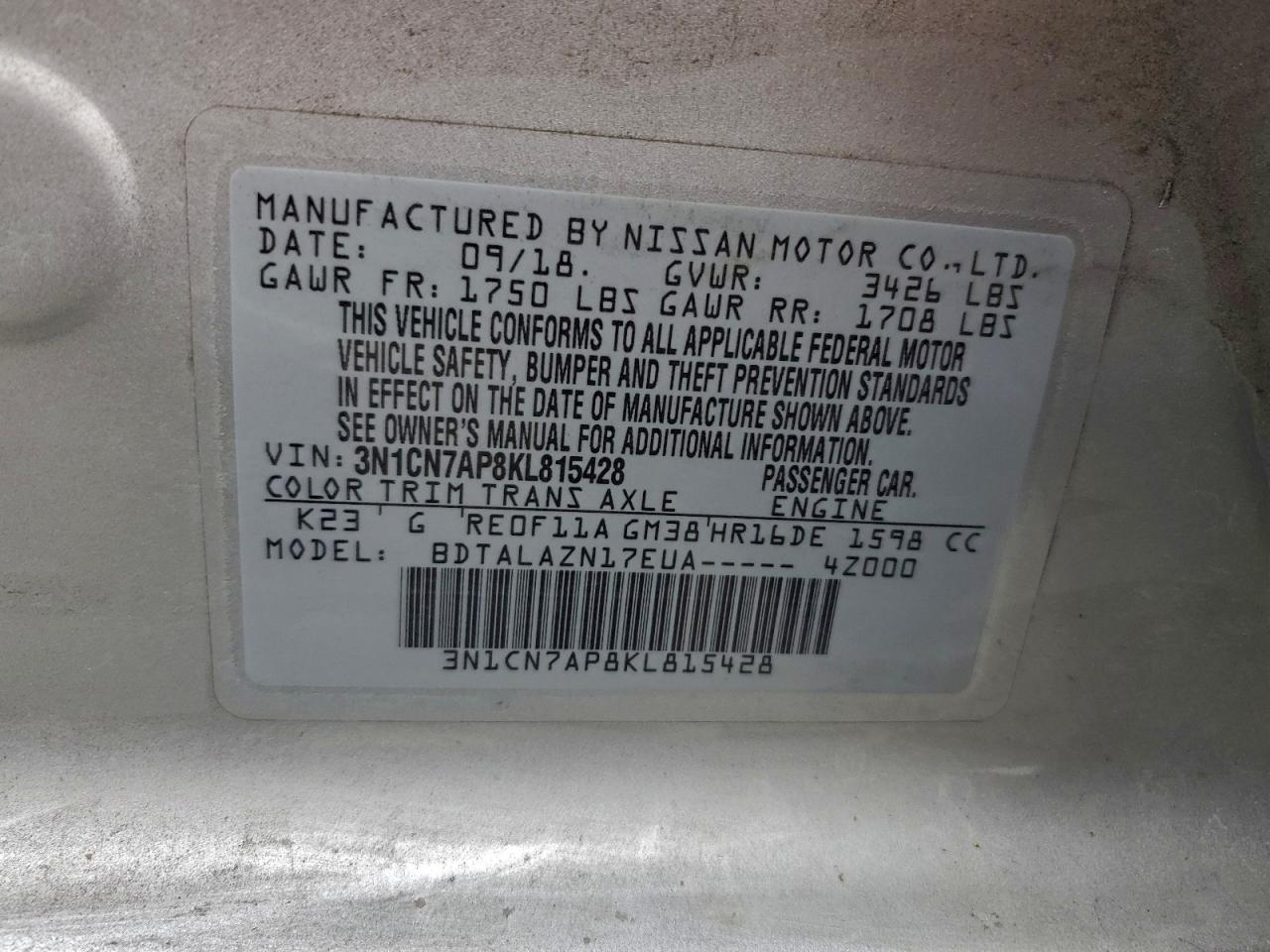 2019 Nissan Versa S VIN: 3N1CN7AP8KL815428 Lot: 94511735