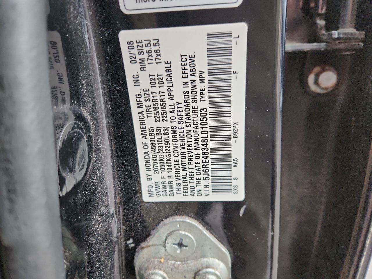 2008 Honda Cr-V Lx VIN: 5J6RE48348L010503 Lot: 93288085