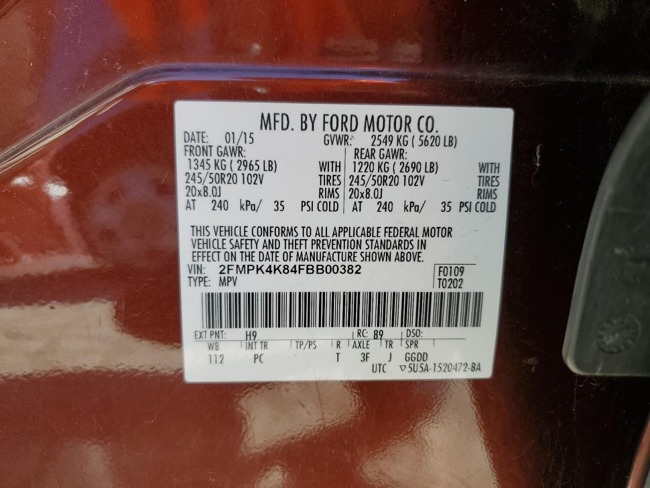 2015 Ford Edge Titanium VIN: 2FMPK4K84FBB00382 Lot: 91069285