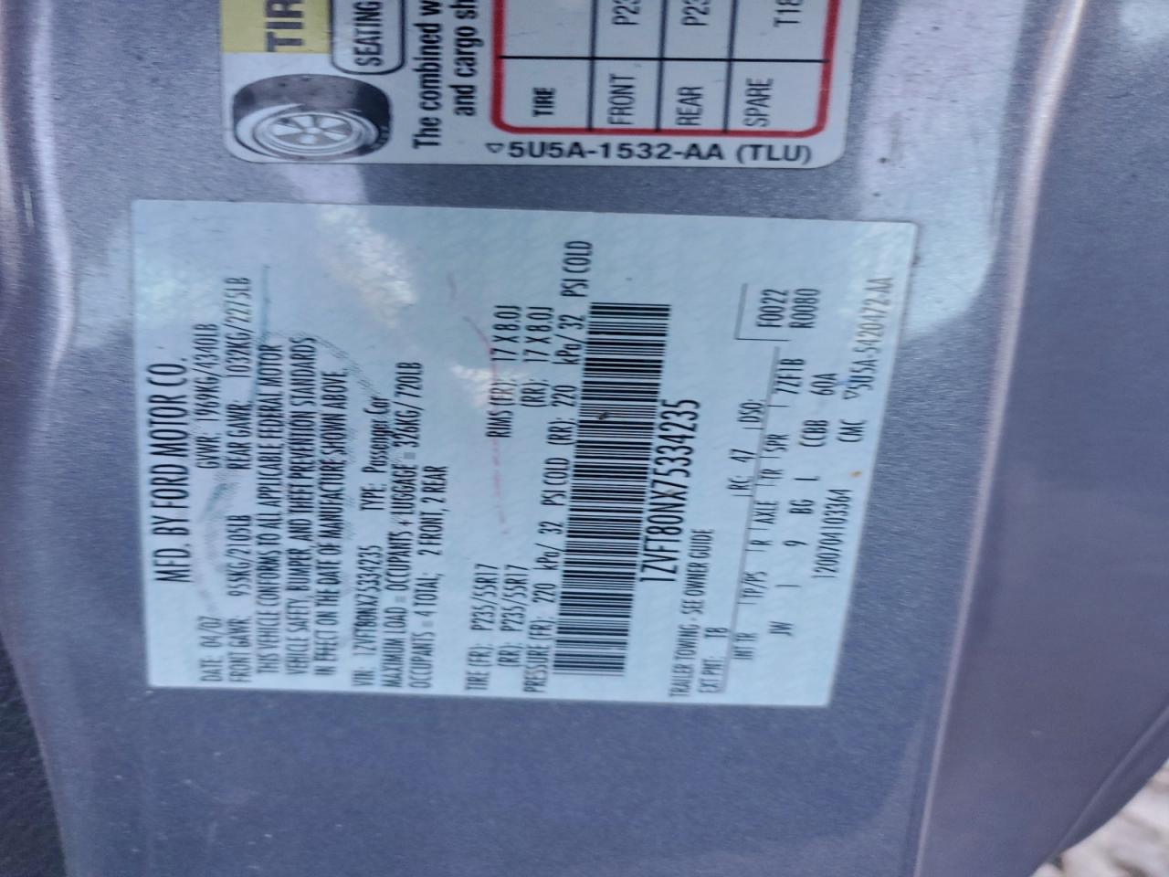 2007 Ford Mustang VIN: 1ZVFT80NX75334235 Lot: 94370405