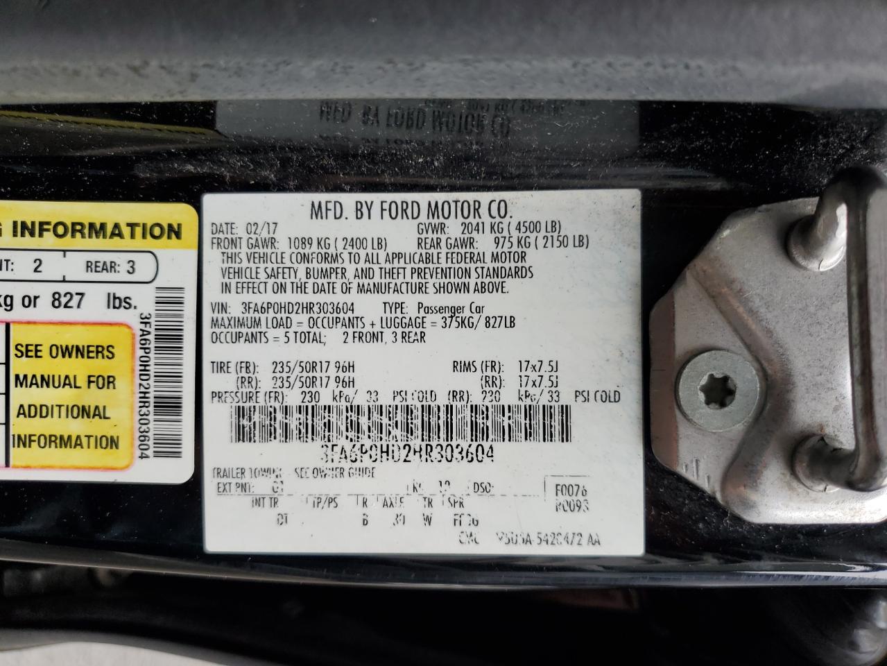 2017 Ford Fusion Se VIN: 3FA6P0HD2HR303604 Lot: 92181185