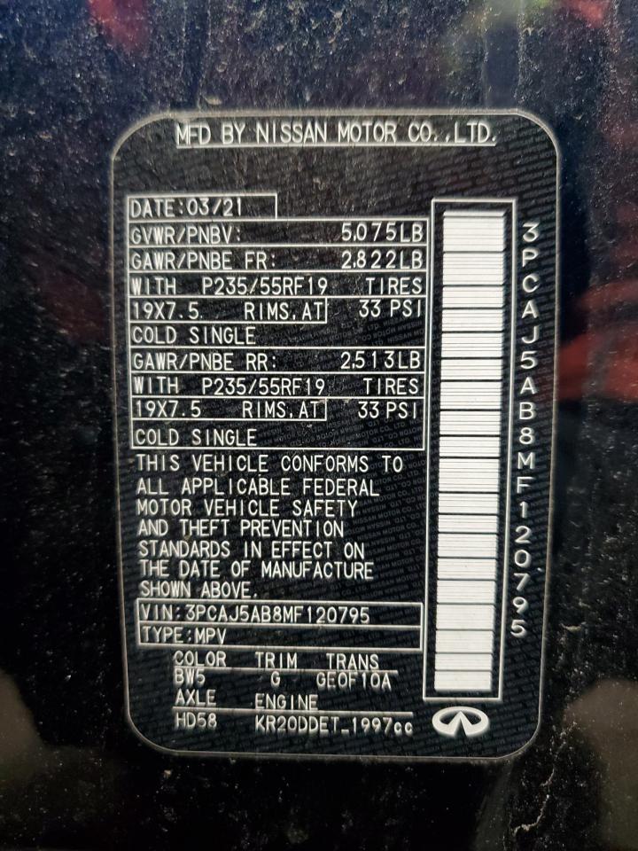 2021 Infiniti Qx50 Pure VIN: 3PCAJ5AB8MF120795 Lot: 92223955