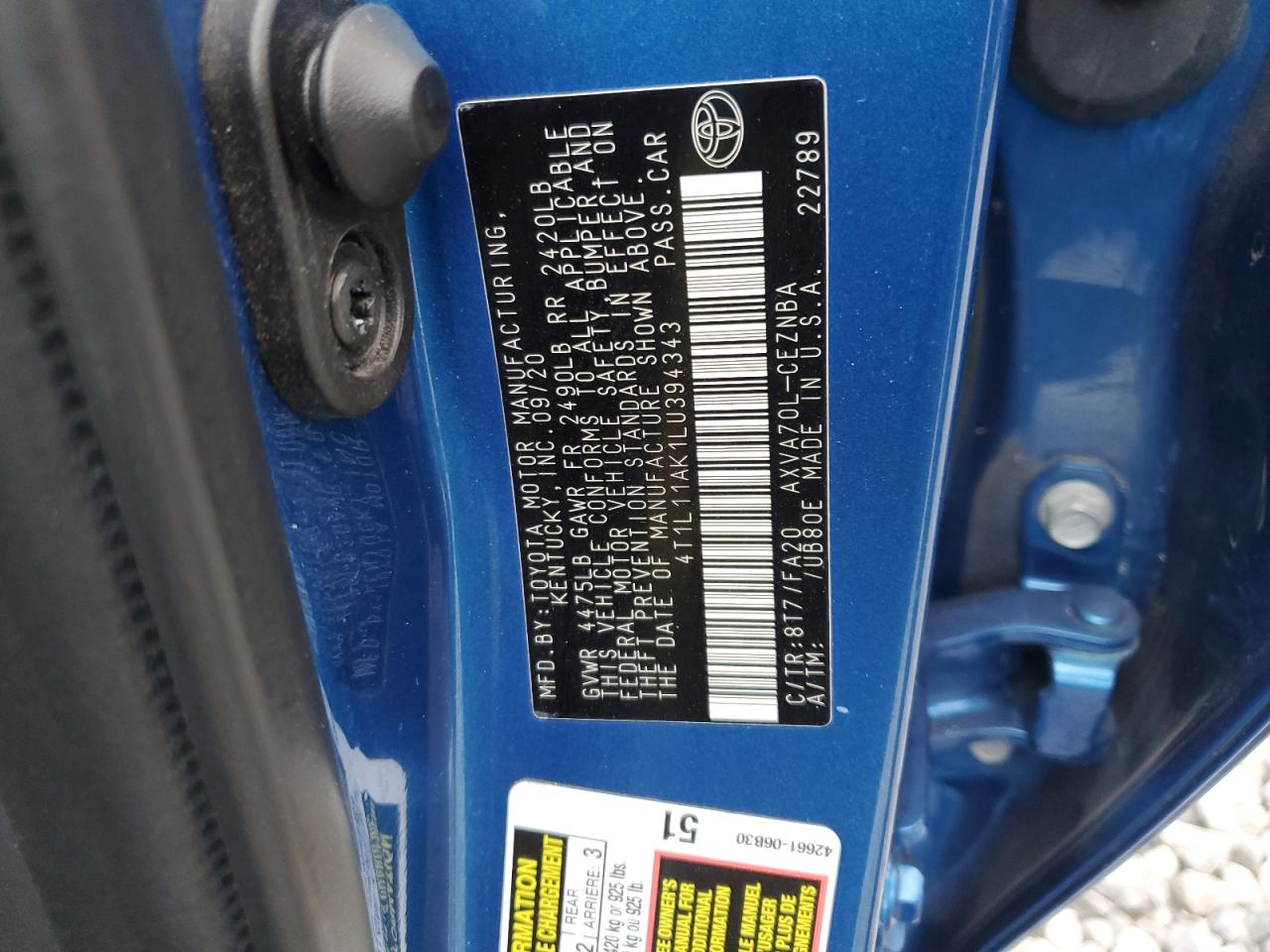 2020 Toyota Camry Le VIN: 4T1L11AK1LU394343 Lot: 93481415