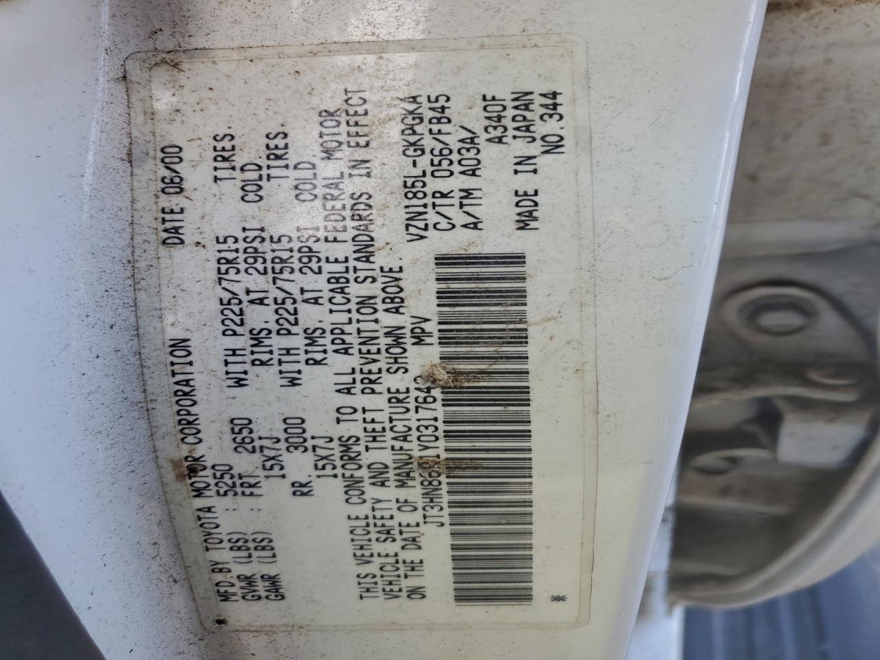 2000 Toyota 4Runner Sr5 VIN: JT3HN86R1Y0317648 Lot: 94350755