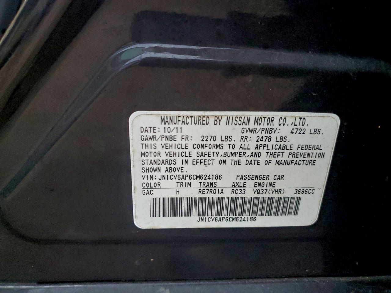 2012 Infiniti G37 Base VIN: JN1CV6AP6CM624186 Lot: 93914025