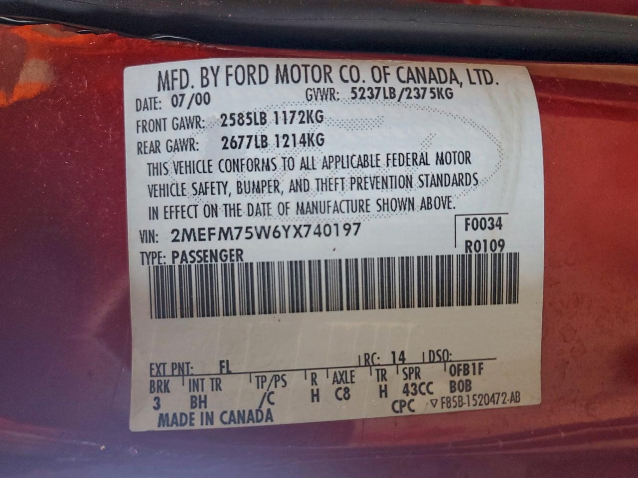 2000 Mercury Grand Marquis Ls VIN: 2MEFM75W6YX740197 Lot: 93897675