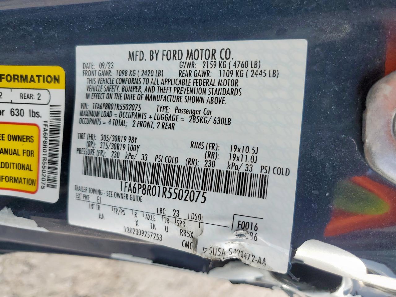 2024 Ford Mustang Dark Horse VIN: 1FA6P8R01R5502075 Lot: 91444515