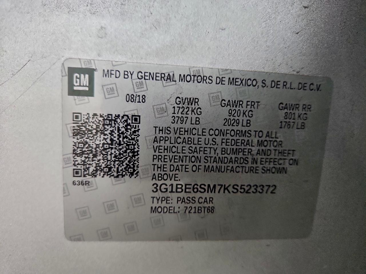 2019 Chevrolet Cruze Lt VIN: 3G1BE6SM7KS523372 Lot: 94573315