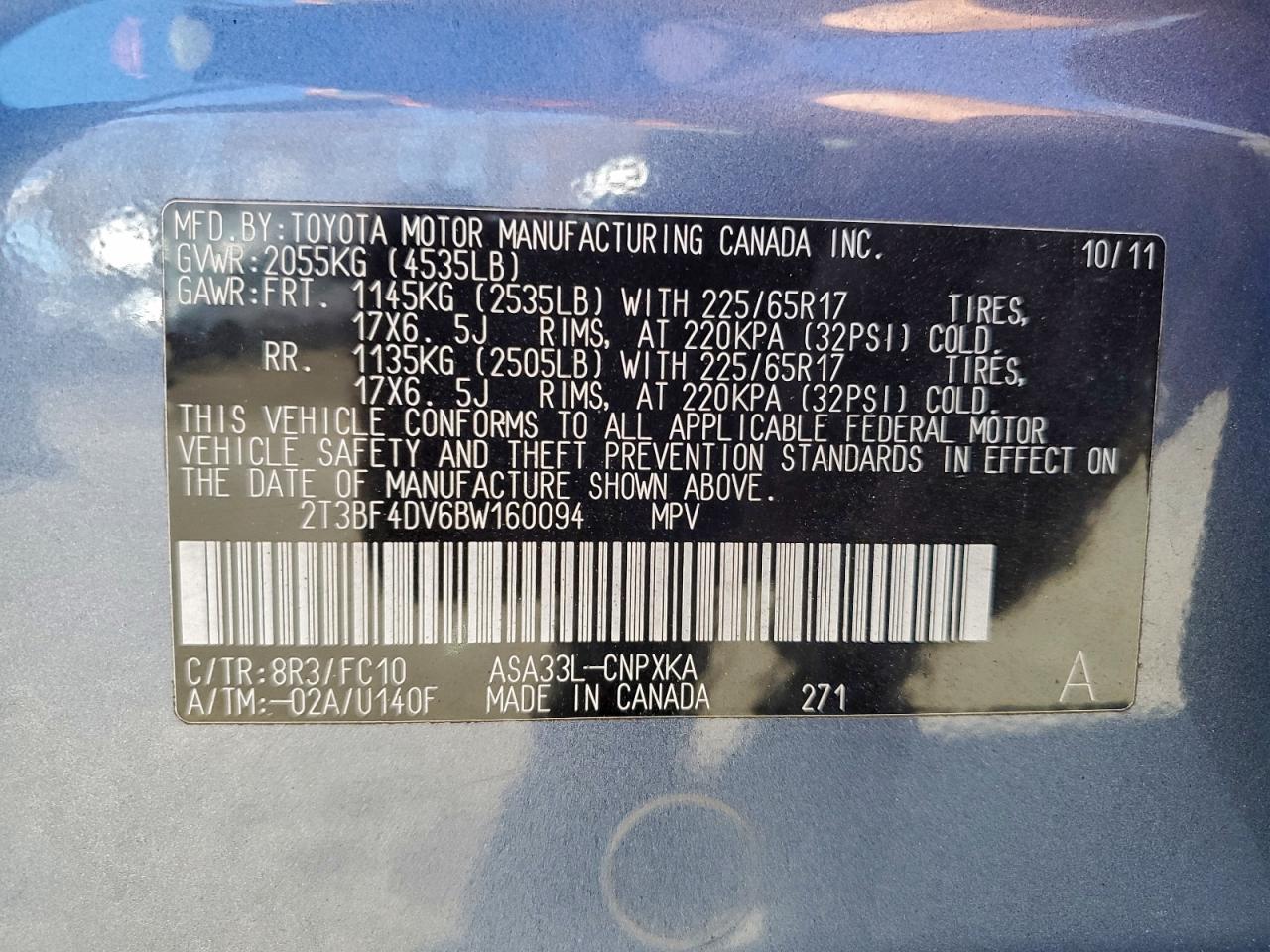 2011 Toyota Rav4 VIN: 2T3BF4DV6BW160094 Lot: 93832015