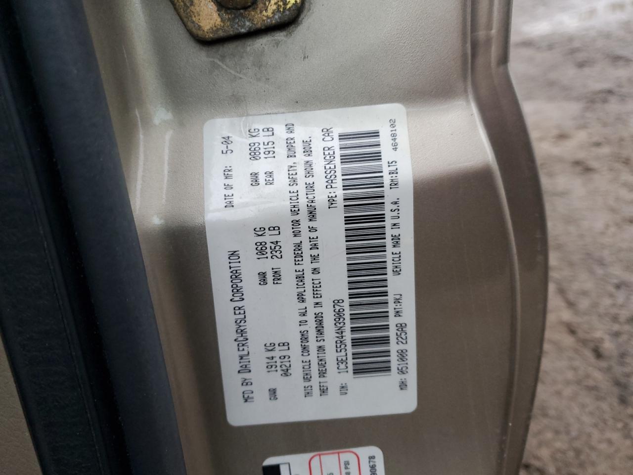 2004 Chrysler Sebring Lxi VIN: 1C3EL55R44N390678 Lot: 92487535