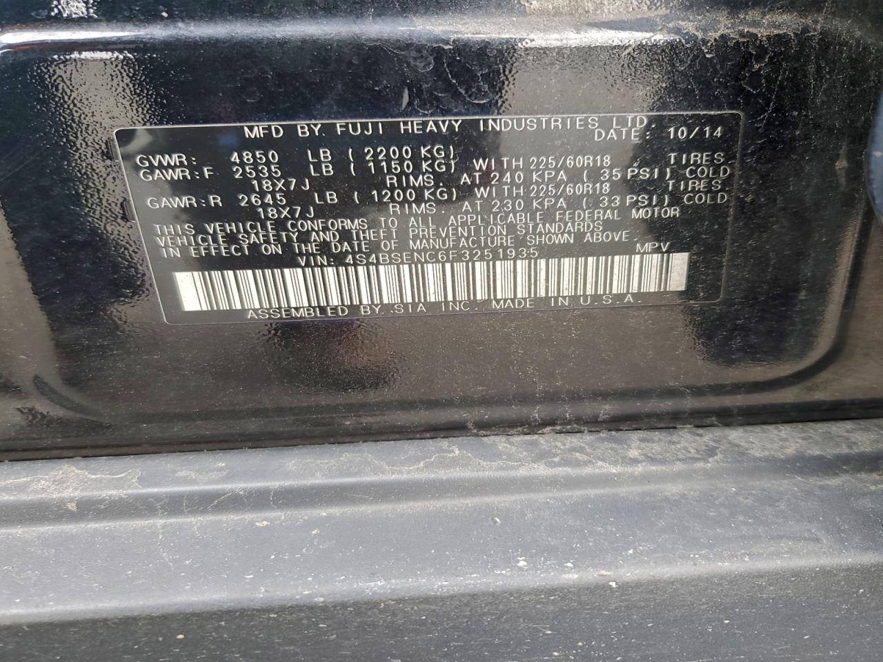 2015 Subaru Outback 3.6R Limited VIN: 4S4BSENC6F3251935 Lot: 94637965