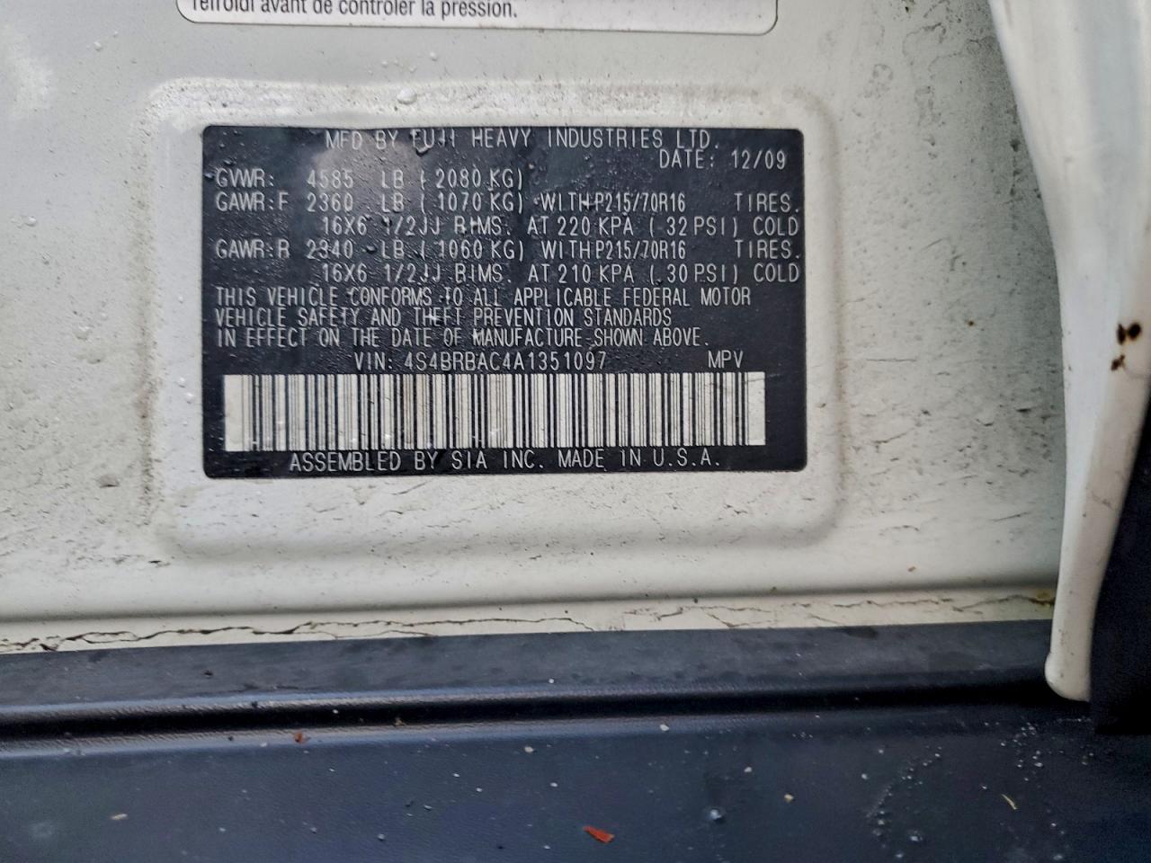 2010 Subaru Outback 2.5I VIN: 4S4BRBAC4A1351097 Lot: 94401835