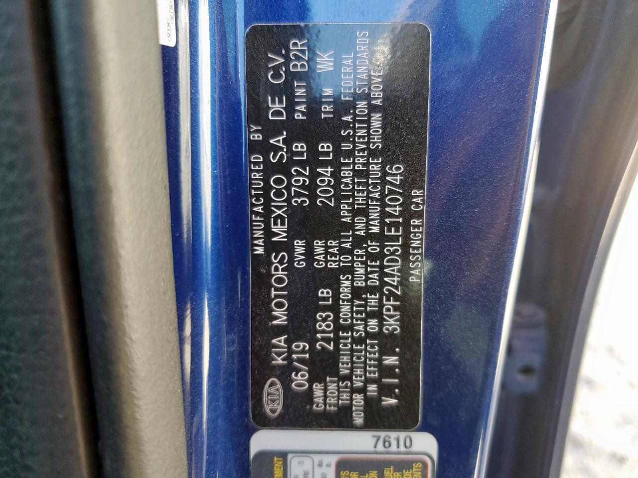 2020 Kia Forte Fe VIN: 3KPF24AD3LE140746 Lot: 92099315