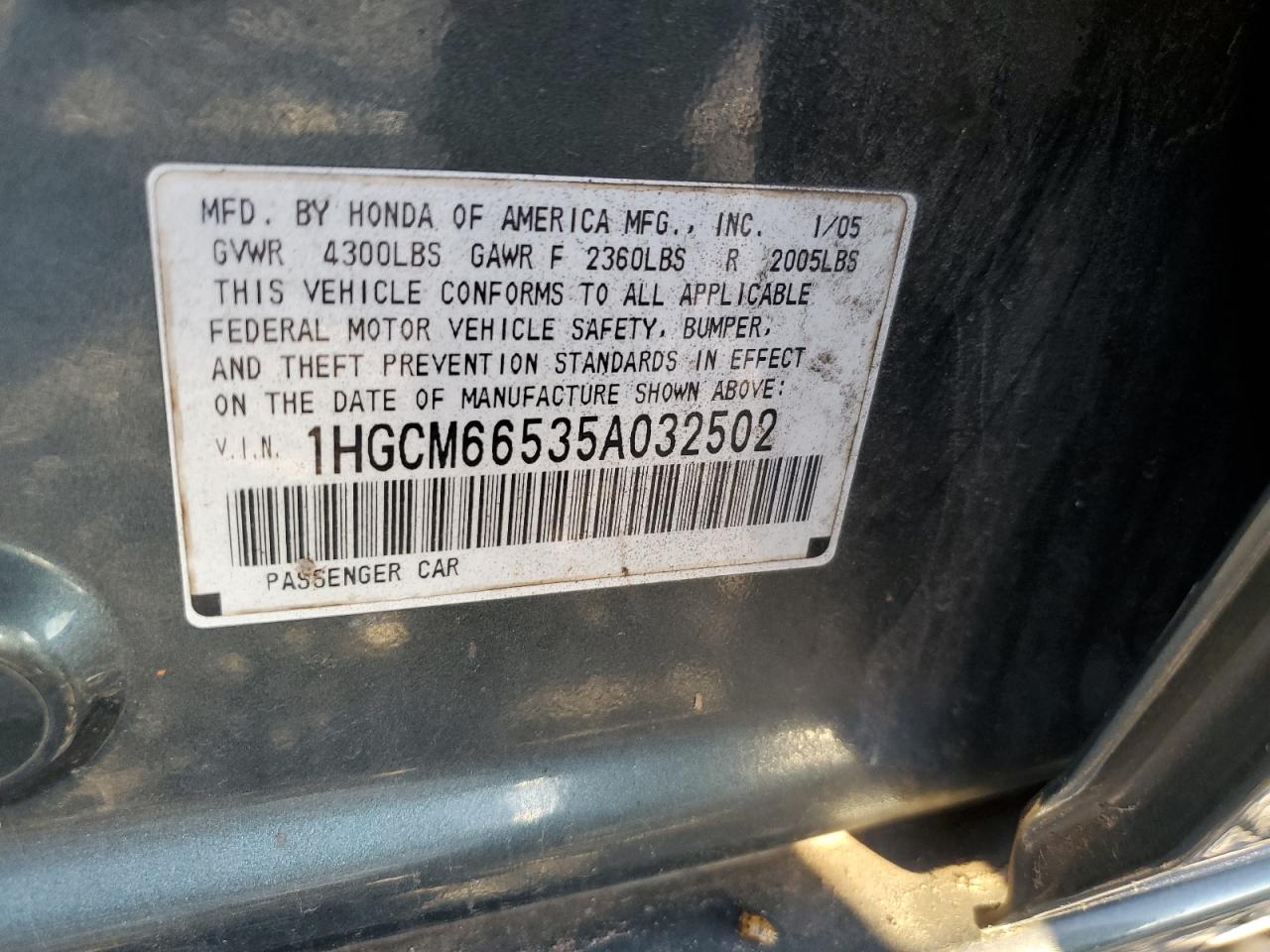 2005 Honda Accord Ex VIN: 1HGCM66535A032502 Lot: 92847755