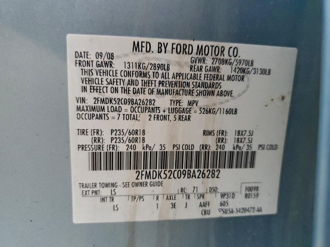 2009 Ford Flex Sel VIN: 2FMDK52C09BA26282 Lot: 94323795