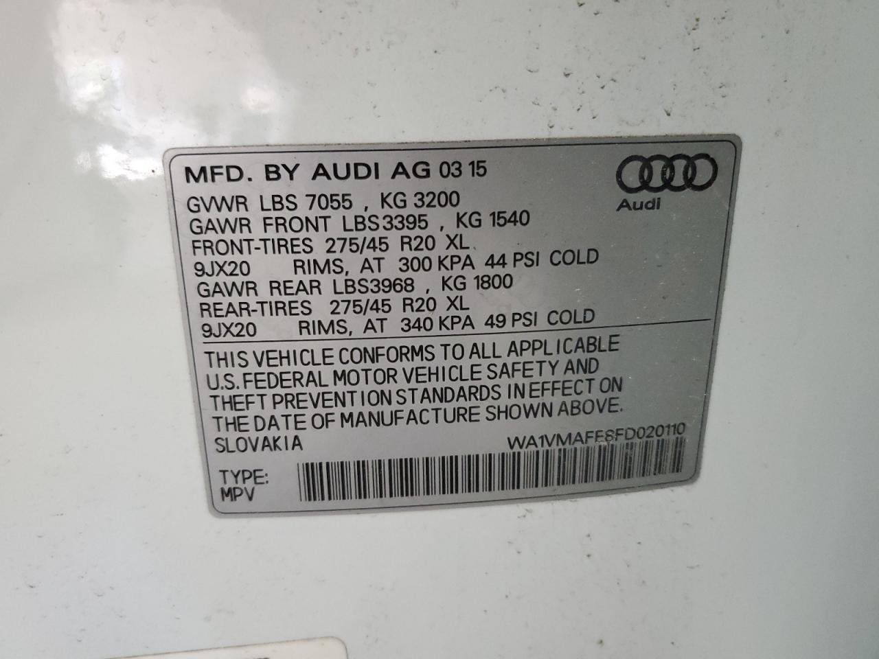 2015 Audi Q7 Tdi Prestige VIN: WA1VMAFE8FD020110 Lot: 92397135