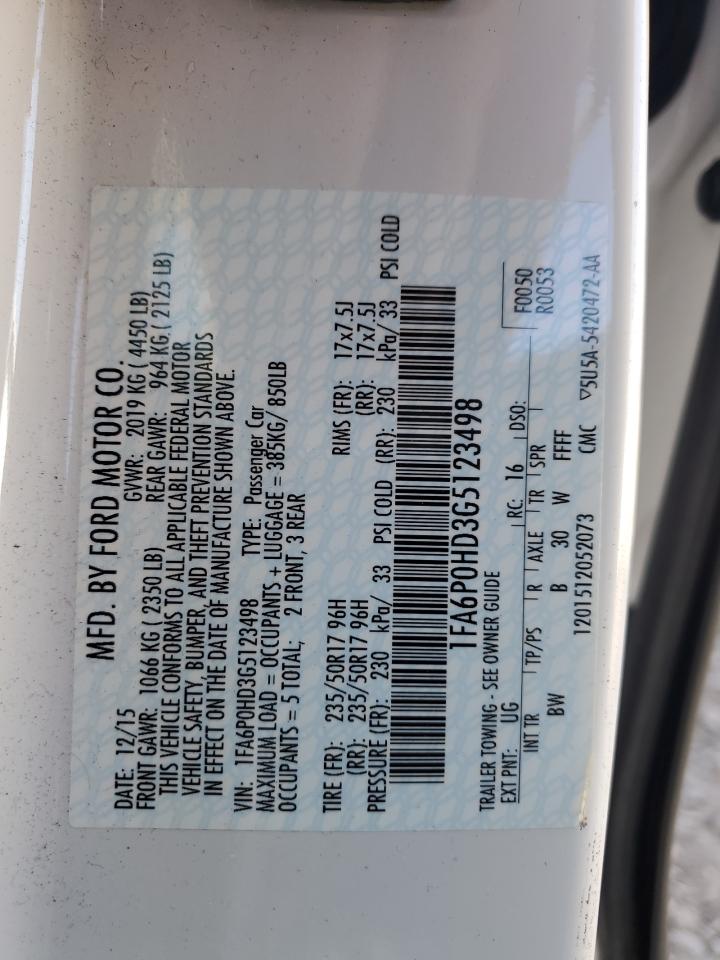 2016 Ford Fusion Se VIN: 1FA6P0HD3G5123498 Lot: 91523095