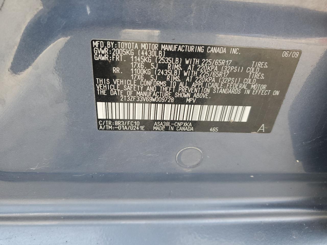 2009 Toyota Rav4 VIN: 2T3ZF33V69W009728 Lot: 93711375