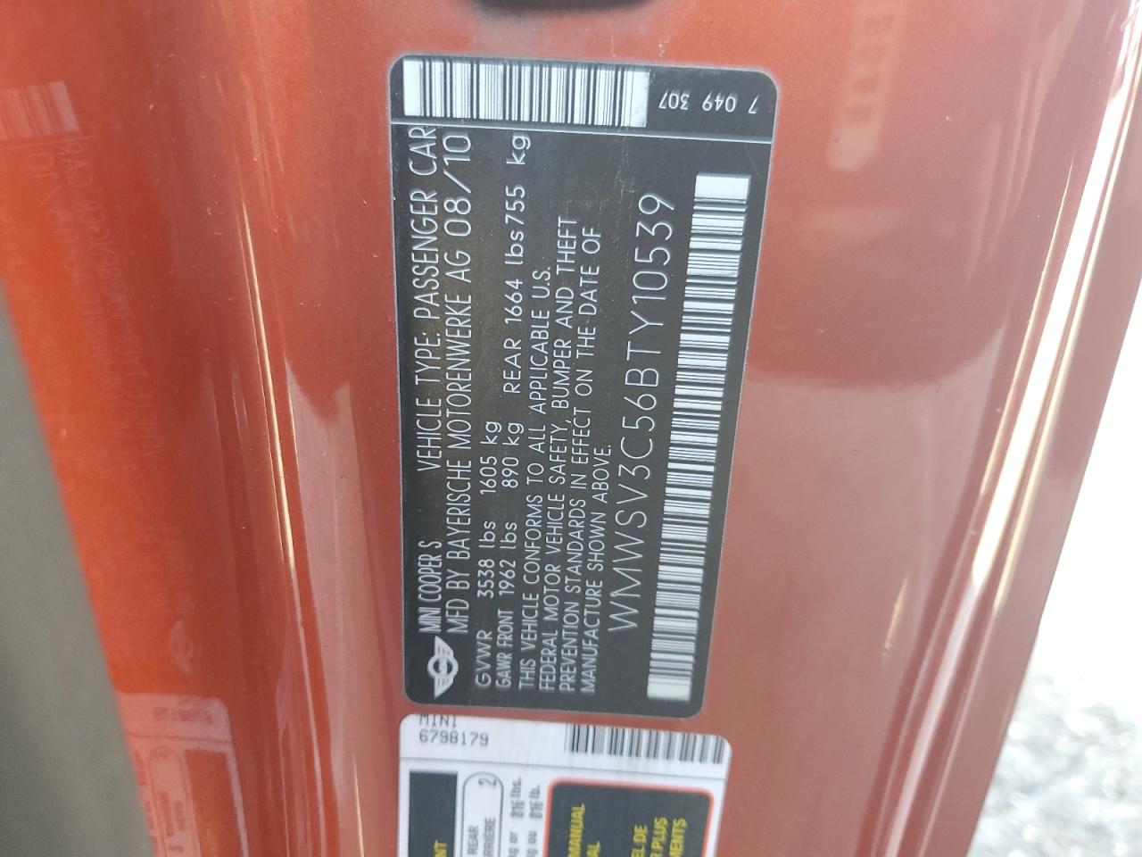 2011 Mini Cooper S VIN: WMWSV3C56BTY10539 Lot: 91796535