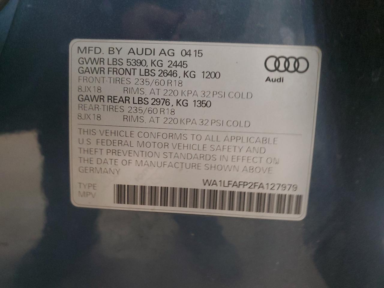 2015 Audi Q5 Premium Plus VIN: WA1LFAFP2FA127979 Lot: 92856575