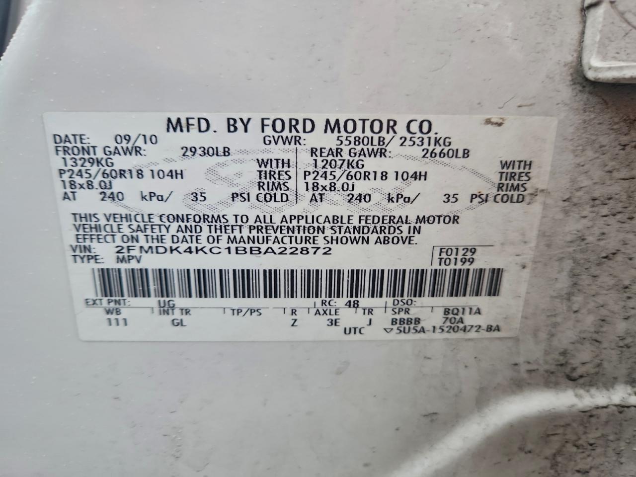 2011 Ford Edge Limited VIN: 2FMDK4KC1BBA22872 Lot: 93188105