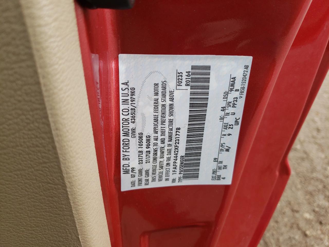 1999 Ford Mustang VIN: 1FAFP4442XF231778 Lot: 90547395