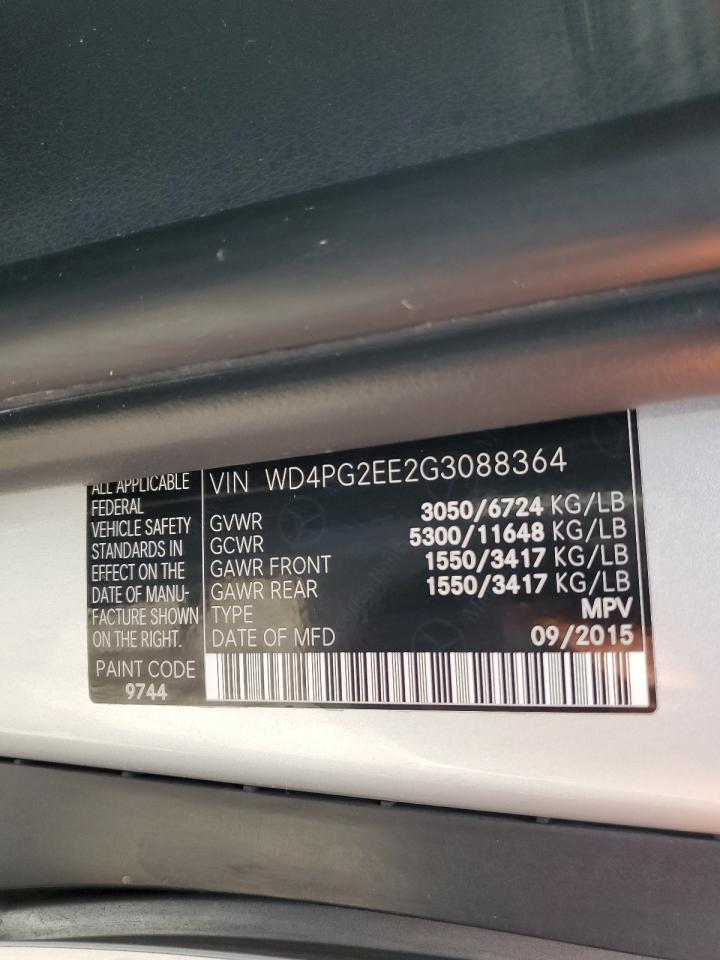 2016 Mercedes-Benz Metris VIN: WD4PG2EE2G3088364 Lot: 92097245