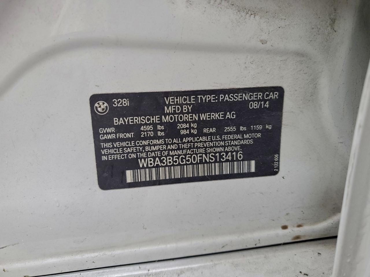 2015 BMW 328 Xi Sulev VIN: WBA3B5G50FNS13416 Lot: 94340145