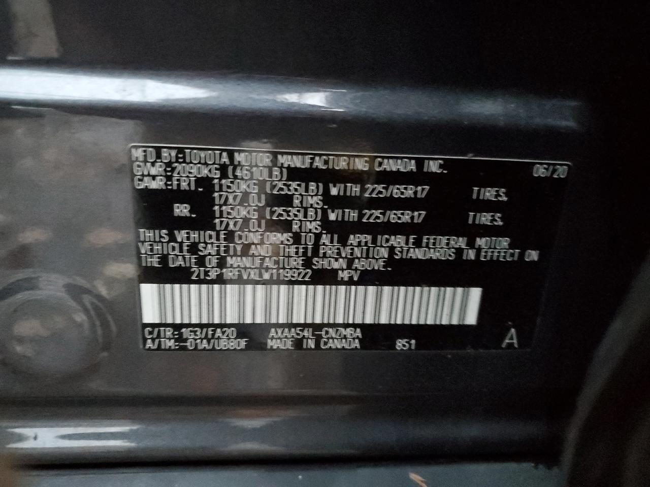 2020 Toyota Rav4 Xle VIN: 2T3P1RFVXLW119922 Lot: 93515275