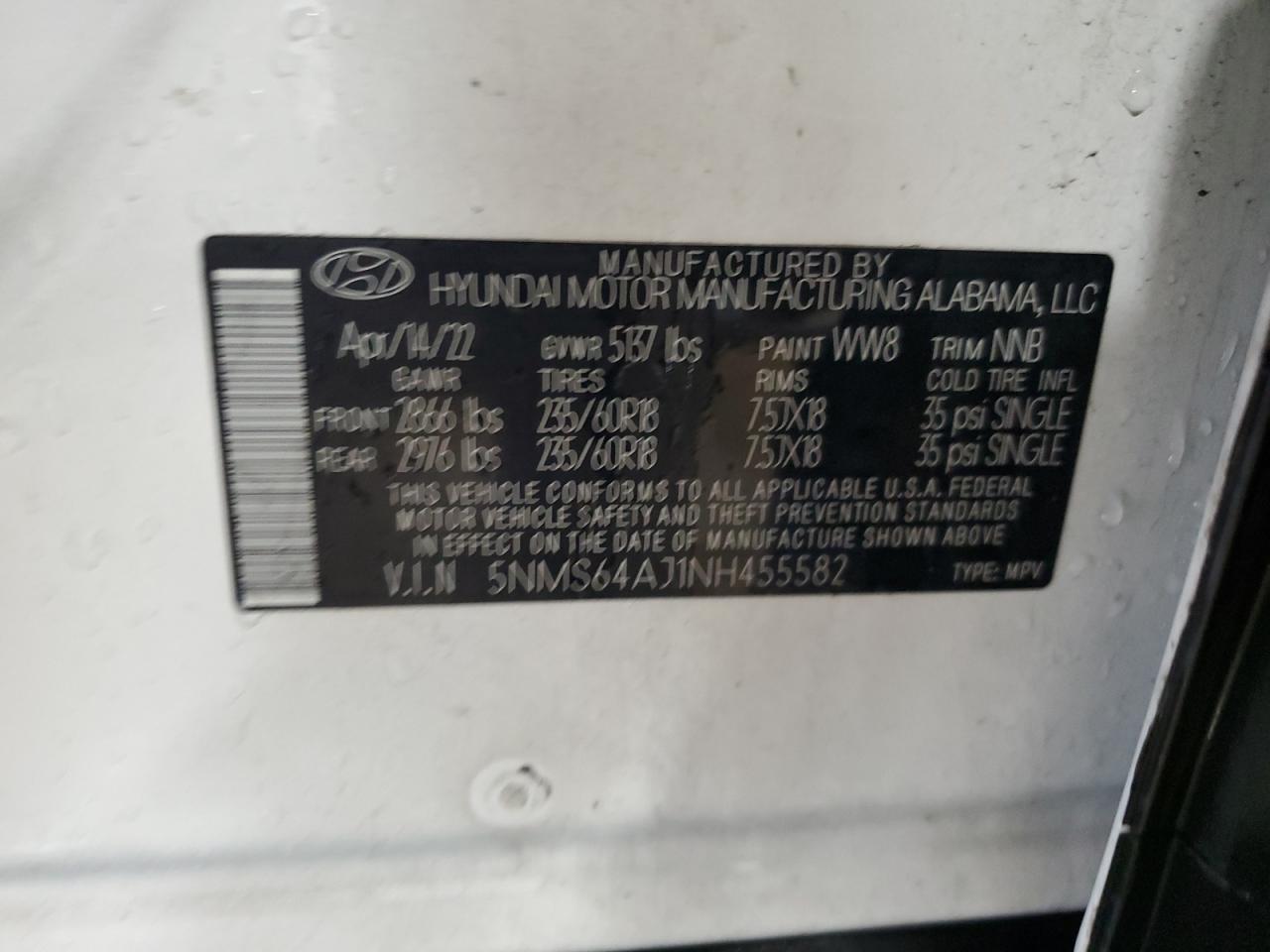 2022 Hyundai Santa Fe Sel VIN: 5NMS64AJ1NH455582 Lot: 92887505