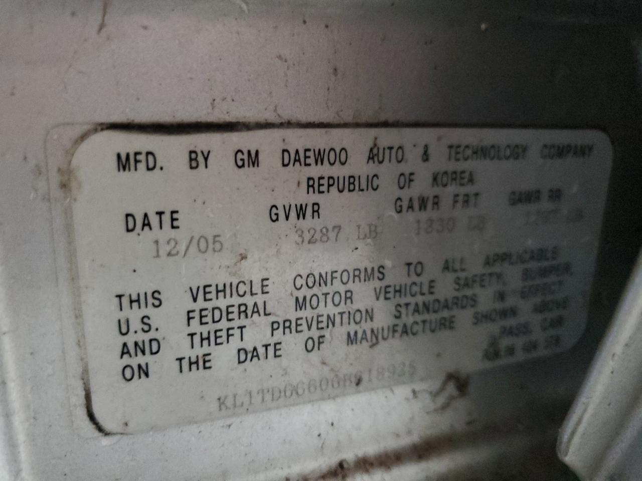 2006 Chevrolet Aveo Base VIN: KL1TD66606B618925 Lot: 93778805