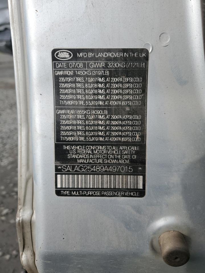 2009 Land Rover Lr3 Hse VIN: SALAG25489A497015 Lot: 93435775
