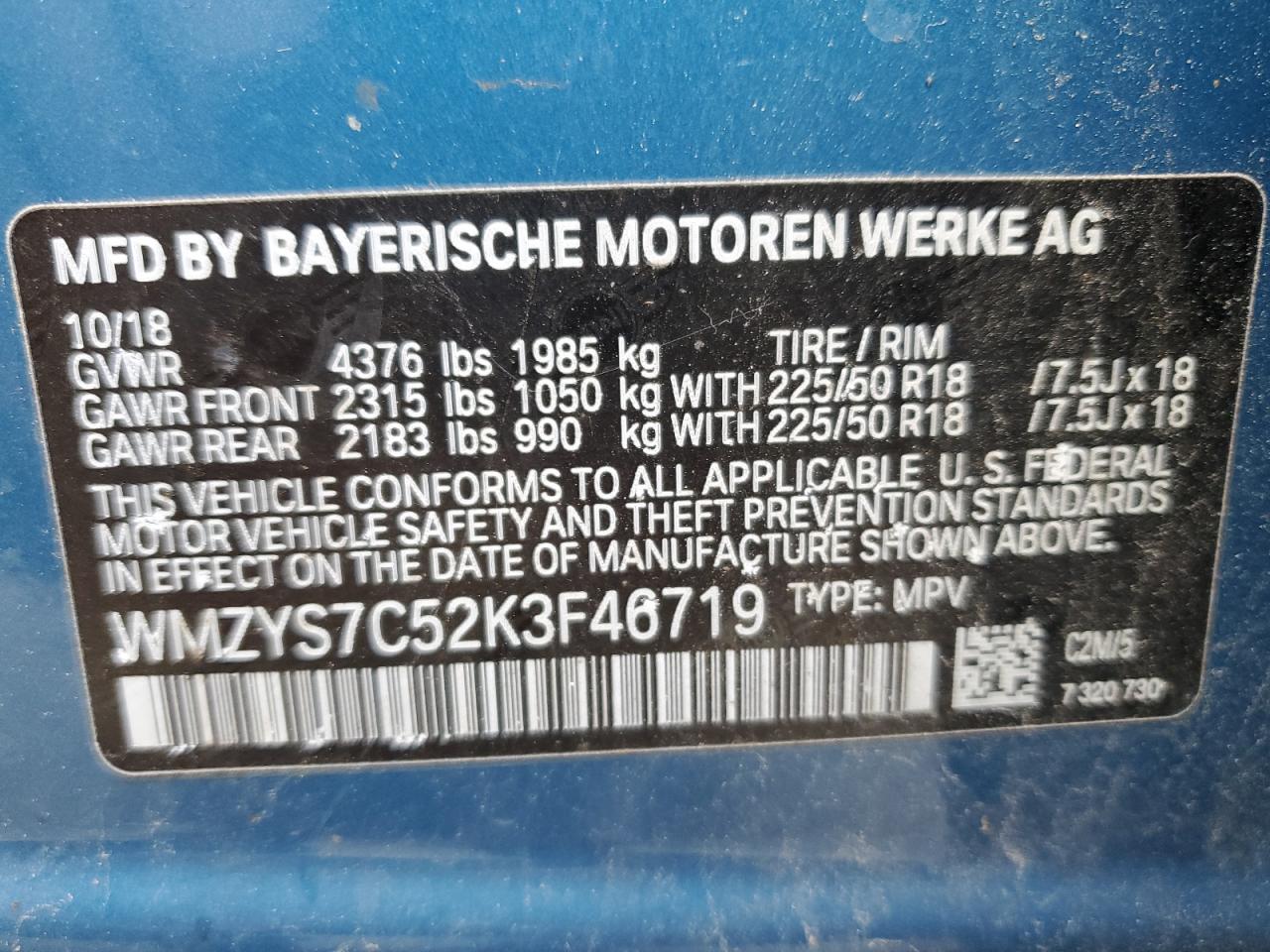 2019 Mini Cooper Countryman VIN: WMZYS7C52K3F46719 Lot: 92397855